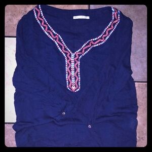 Boutique Flowy Embroderied Quarter Sleeve Navy Blouse